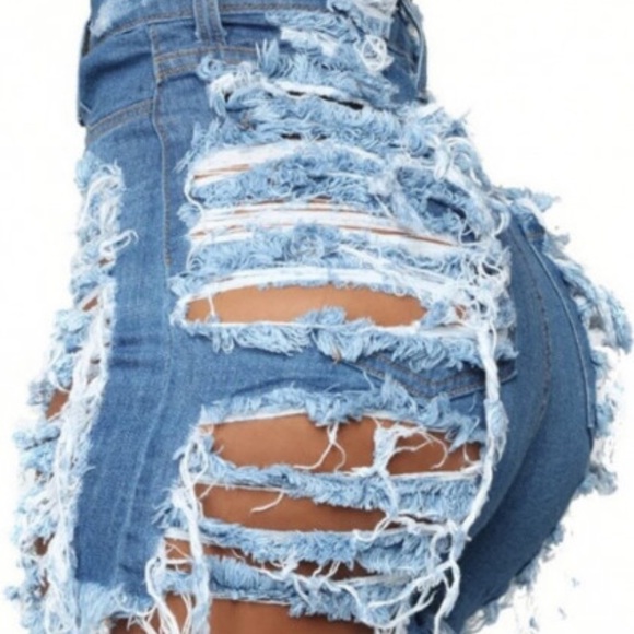 High Waist Ripped Raw Edge Denim Shorts - Picture 4 of 6